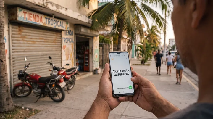 Manos sosteniendo un celular con la página web de un local, en la vereda frente al negocio.